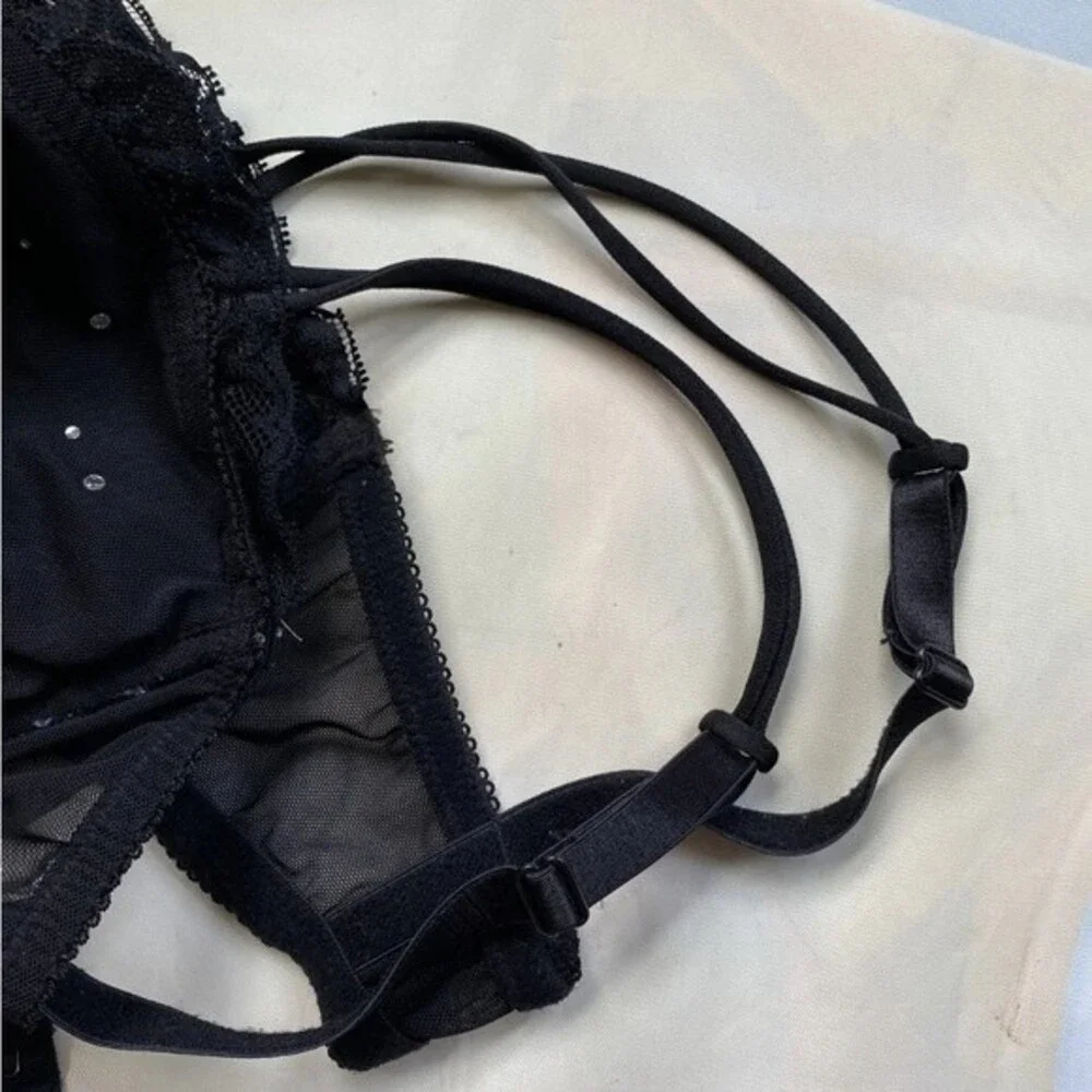 H&M Balcony Bra U/Wired Non-Padded W/ Rhinestone Sexy Mesh & Lace 34D Black VTG